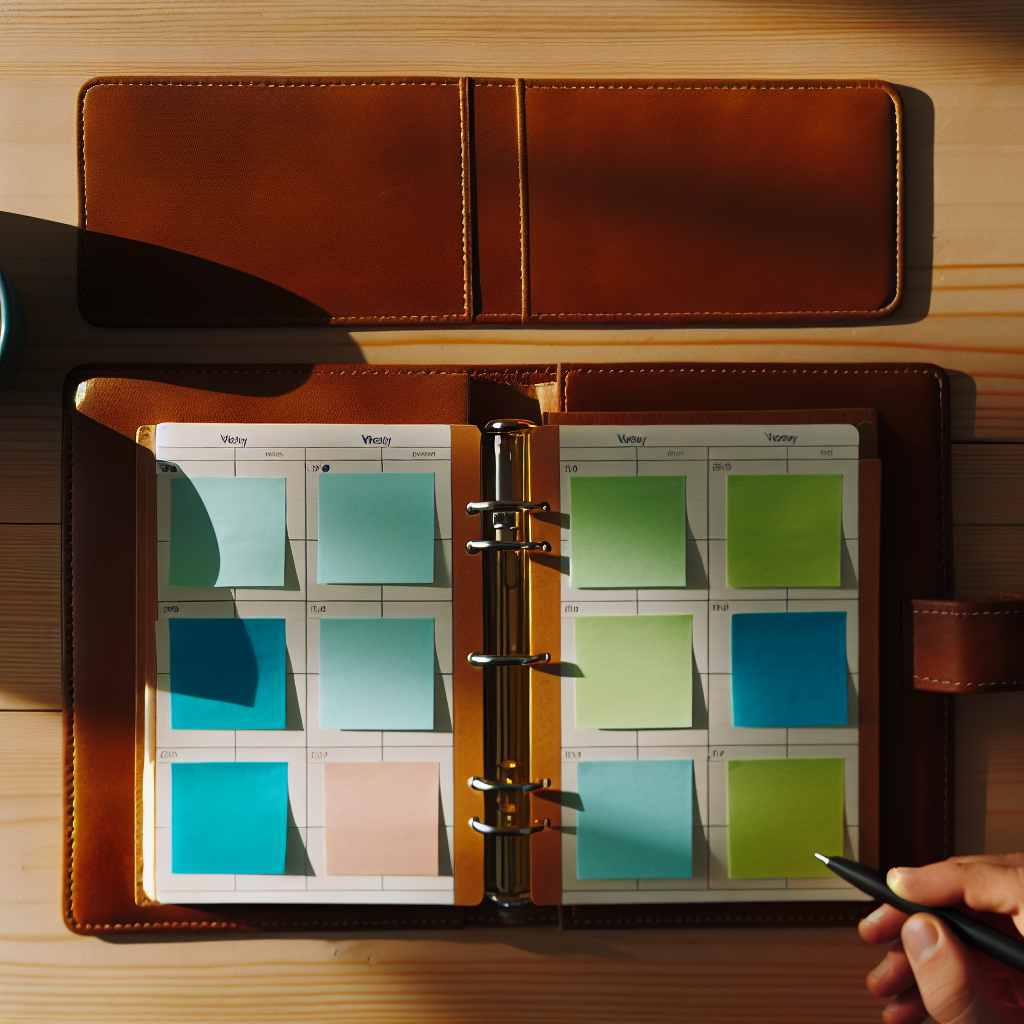 Desk with planner and colorful sticky notes representing group availability scheduling